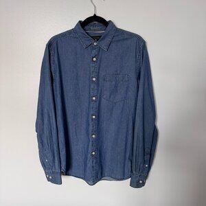 Denim & Flower Slim Fit Dress Shirt, Blue Dotted Denim Button Up Men’s Medium